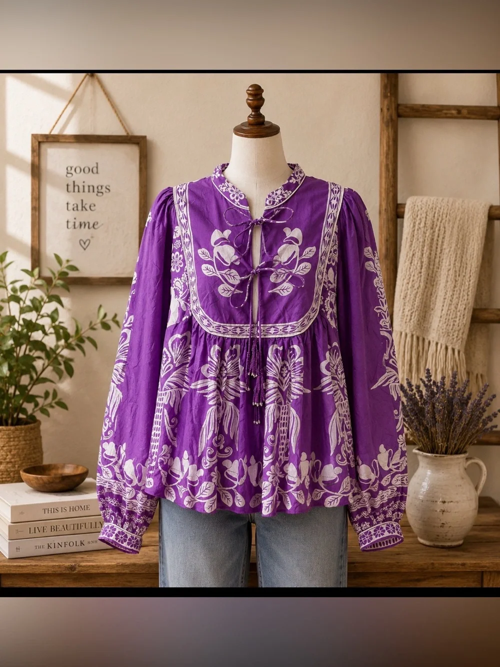 FARM Rio Purple white sweet garden top Tie Front Blouse size medium